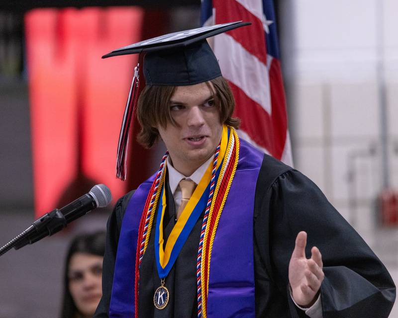 Illinois State Scholar, Aydan Radke presents a speech to the audience and his classmates at the Woodland High School Class of 2025 commencement ceremony on Sunday, May 18, 2025 at Woodfield High School.
