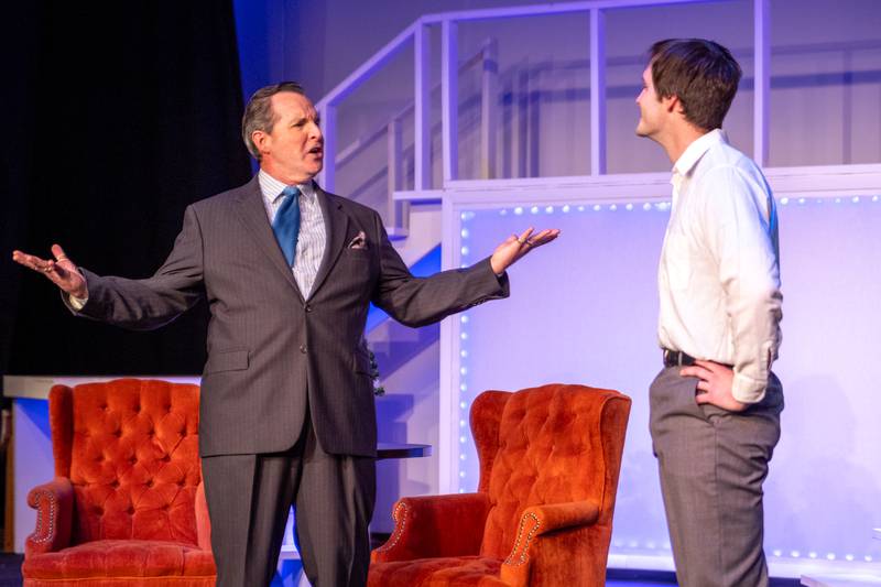 “Frank Abagnale Sr.” (Played by Dave Roden) exclaims confusion to “Frank Abagnale Jr.” (Played by Payton Drake) on Monday, March 24, 2025 at River Valley Players Theatre in Henry.