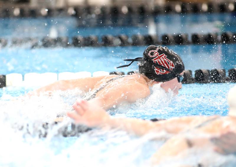 Lockport’s Haley Johnson competes in the 100-yard butterfly consolation heat during the IHSA Girls State Championships on Saturday, Nov. 16, 2024 at FMC Natatorium in Westmont.