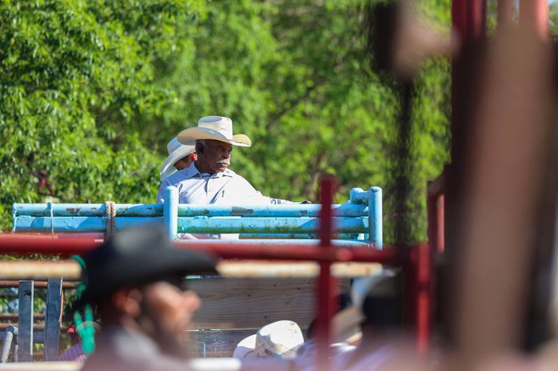 Mike Latting, owner of Latting Rodeo Productions, looks out over the arena from atop the bullpen during the 50th Pembroke Rodeo on Sunday, May 24, 2026.