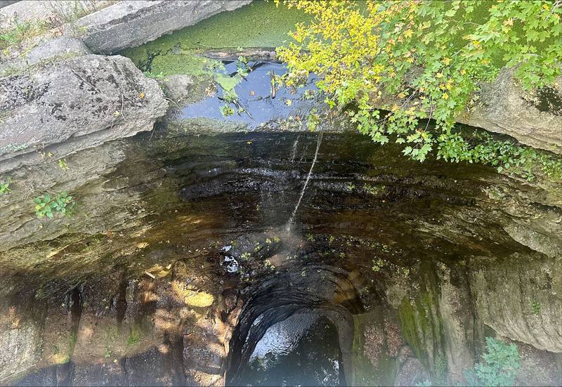A small trickle of water falls down Lake Falls at Matthiessen State Park on Wednesday, Sept. 17, 2025 near Oglesby. A lack of rainfall has caused waterfalls to dry up at Matthiessen and Starved Rock State Parks.