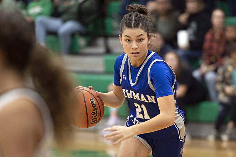Newman’s Madison Duhon handles the ball against Rock Falls Thursday, Nov. 16, 2023.