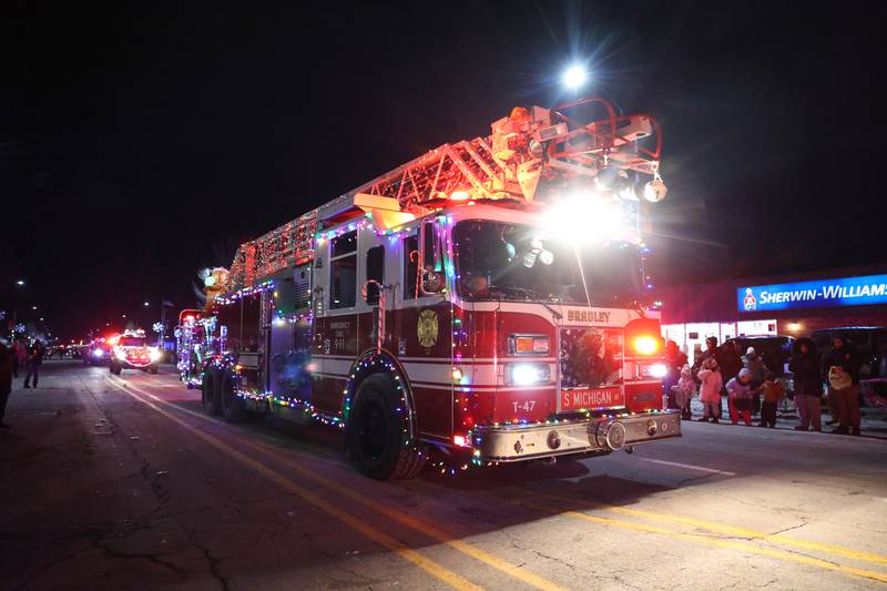 A decorated Bradley Fire Department engine helps lead the 40th annual Bradley Christmas Parade on Friday, Dec. 5, 2025.