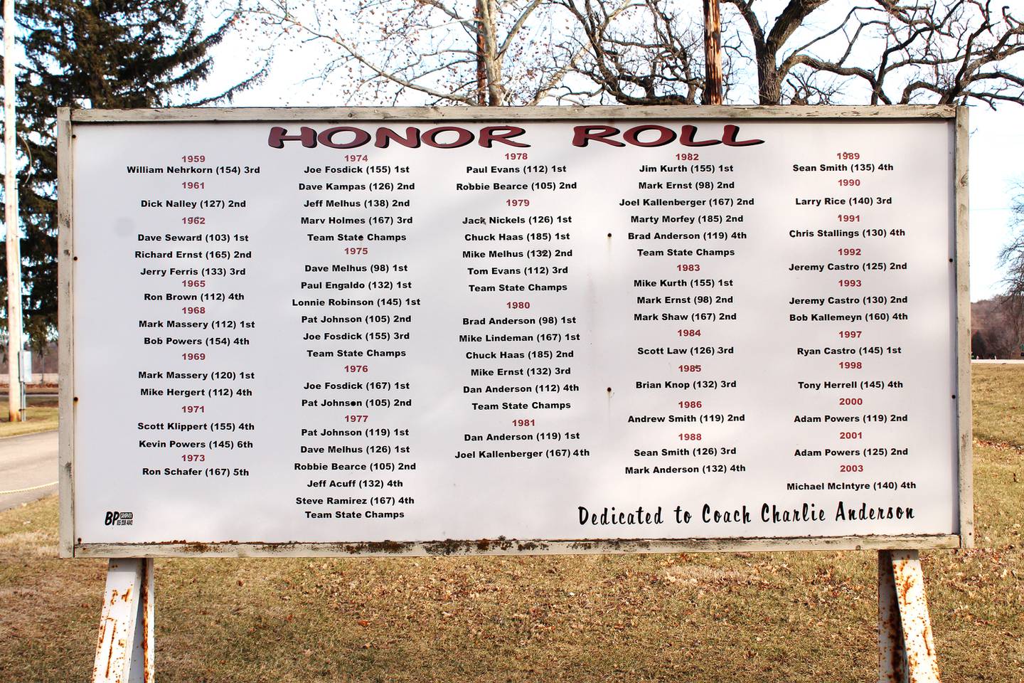 A sign at Old Mill Park in Savanna honors the many Savanna High School wrestling accomplishments over the years.