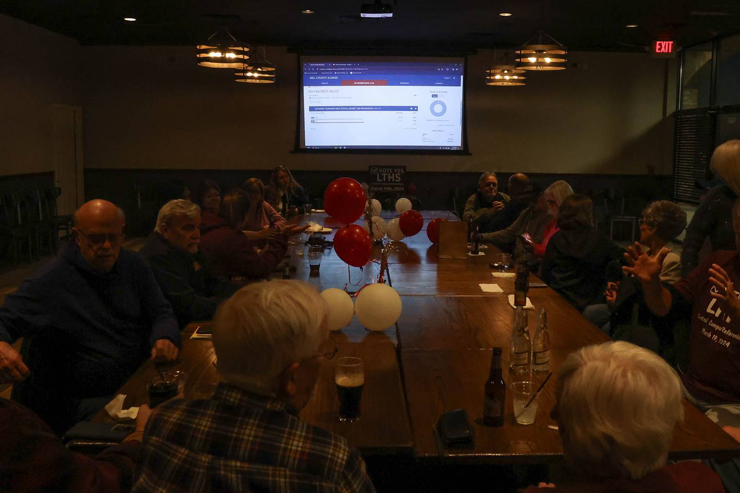 Referendum committee members and supporters gather for the Lockport Township High School District 205 watch party at Coom's Corner on Tuesday, March 19 in Lockport.