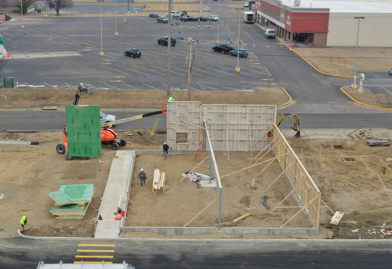 Crews build walls for the new Jersey Mike's Subs location on Thursday, Feb. 12, 2026 in Princeton. The business is located at the corner of Illinois Route 26 and Backbone Road.
