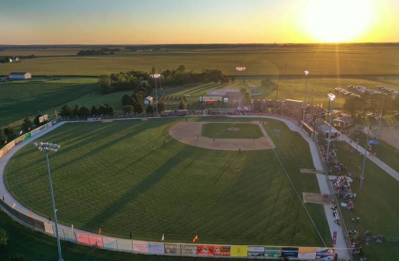 The sun sets during the Prospect League Championship Series between Rex and the Pistol Shrimp on Wednesday, Aug. 7, 2024 at Schweickert Stadium in Peru.