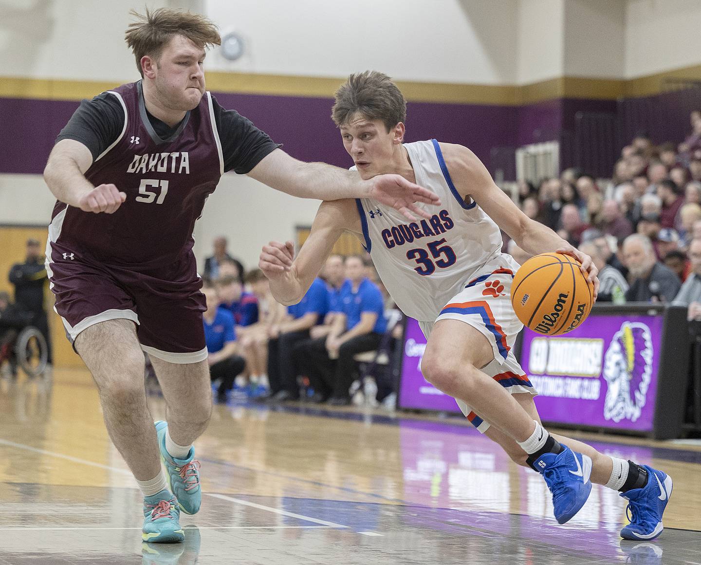 Eastland’s Parker Krogman works to drive by Dakota’s Jacob Seiver Wednesday, March 5, 2025, during the Class 1A boys basketball Sectional semifinal at Pecatonica High School.