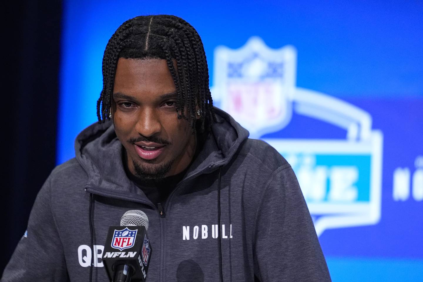 LSU quarterback Jayden Daniels speaks during a press conference at the NFL football scouting combine in Indianapolis in March 2024.