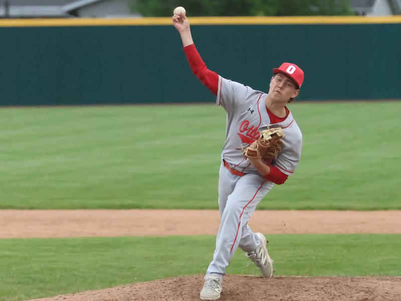 Ottawa's Noah Marvin lets go of a pitch to L-P on Thursday, April 30, 2026 at Huby Sarver Field in the L-P Athletic Complex in La Salle.