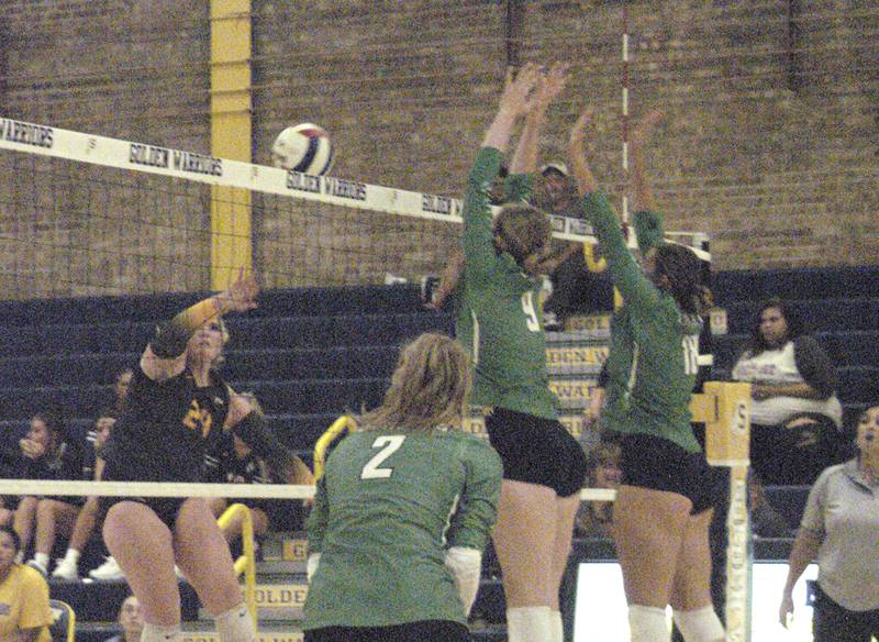 Sterling player Carley Sullivan attempys to hit a ball past the Geneseo defense. The action took place at the Sterling vs. Geneseo Volleyball match at Homer Musgrove fieldhouse, on Thursday, Sept. 5, 2024