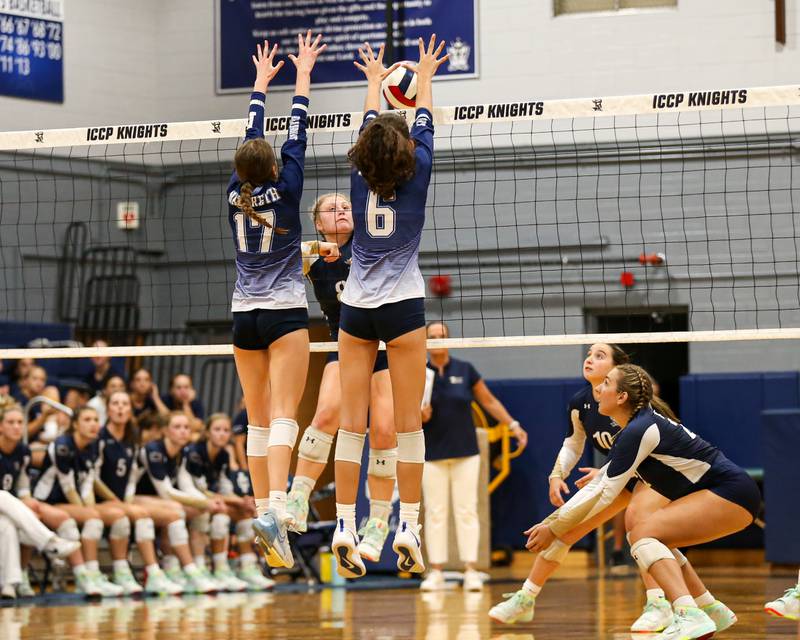 IC Catholic Prep's Lucy Russ smashes the ball past the defense during volleyball match between Nazareth at IC Catholic Prep.  Aug 29, 2023.