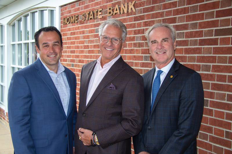 From left, Ryan Farrell, newly named president of Home State Bank, effective Jan. 1; Chris Morrow, chairman of the board; and Steve Slack, chief executive officer.