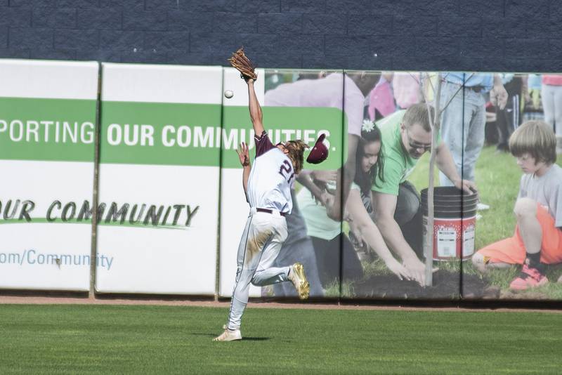 The ball soars over the head of Richmond-Burton’s Ethan Schoeps against Maroa-Forsyth Friday, June 3, 2022 during the IHSA Class 2A baseball state semifinal.