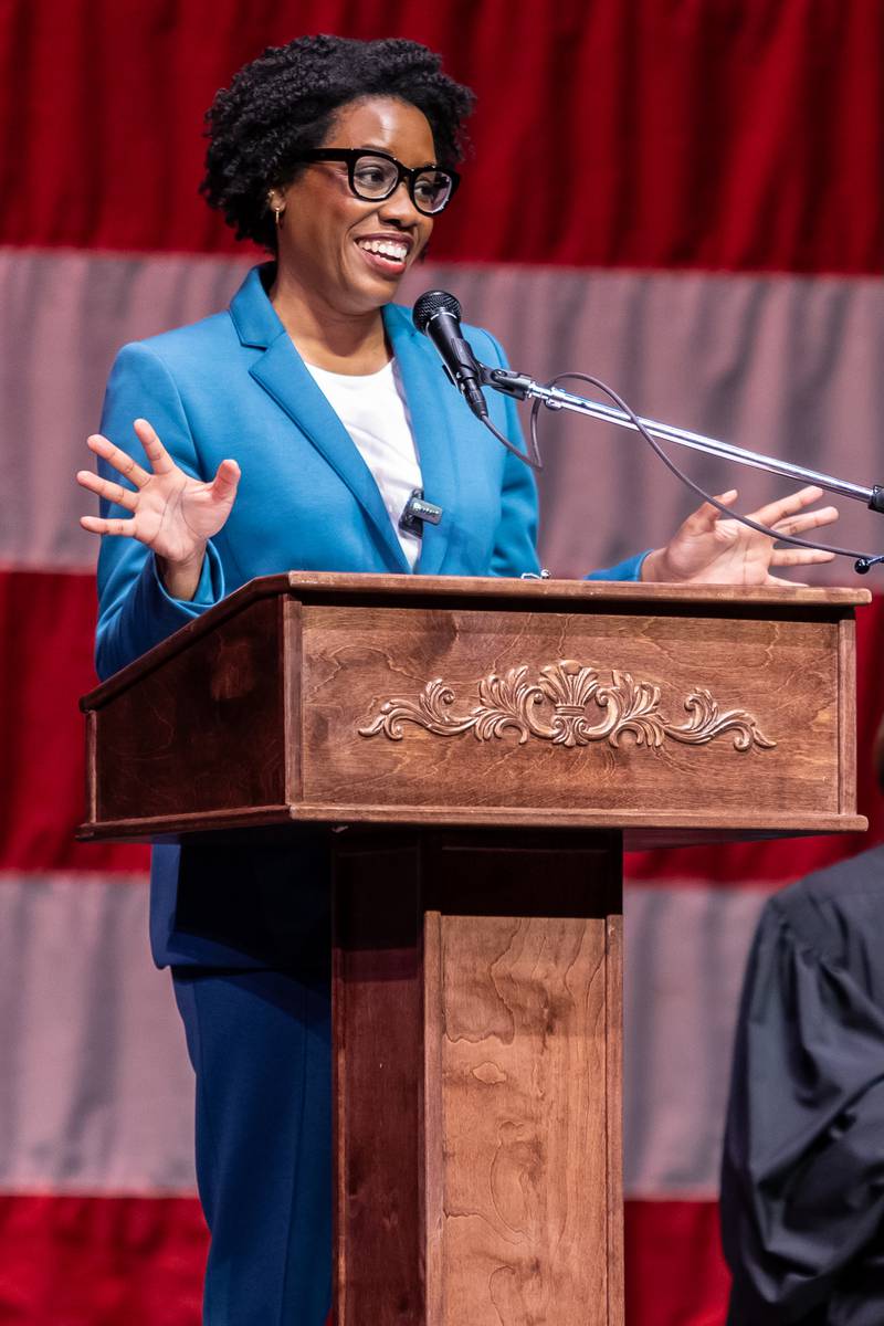 U.S. Congresswoman Lauren Underwood shares congratulatory remarks during the Naturalization Ceremony at Rialto Square Theatre in Joliet on April 17, 2025.