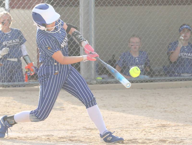 Newark's Addie Scherer gets a hit against Earlville during the Class 1A Regional final on Thursday, May 22, 2025 at Indian Creek High School in Shabbona.