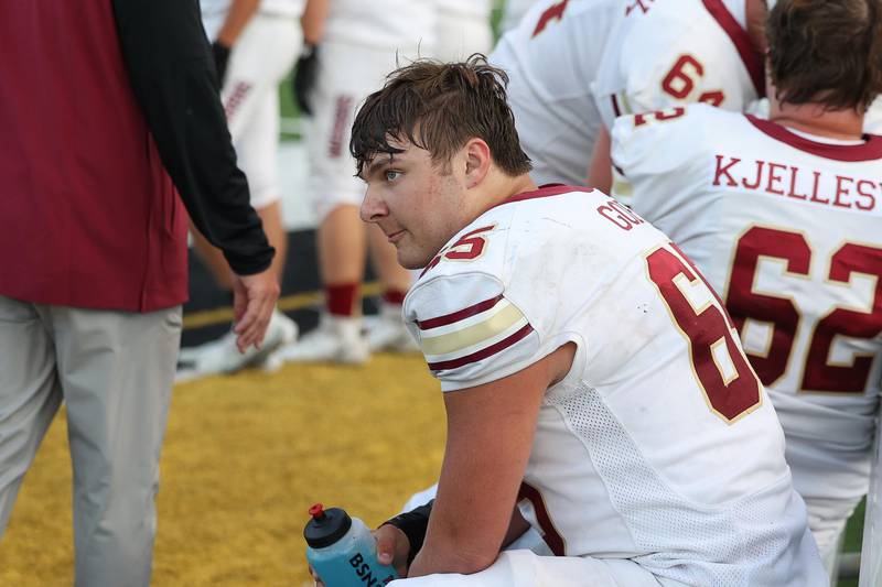 Morris’ Dakota Goff sits on the bench between series against Joliet West on Friday, Sept. 6, 2024 in Joliet.