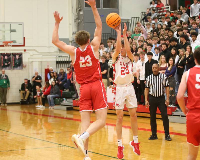 L-P's Nick Olivero shoots a jump shot over Ottawa's Owen Sanders on Friday, Feb. 7, 2025 in Sellett Gymnasium at L-P High School.