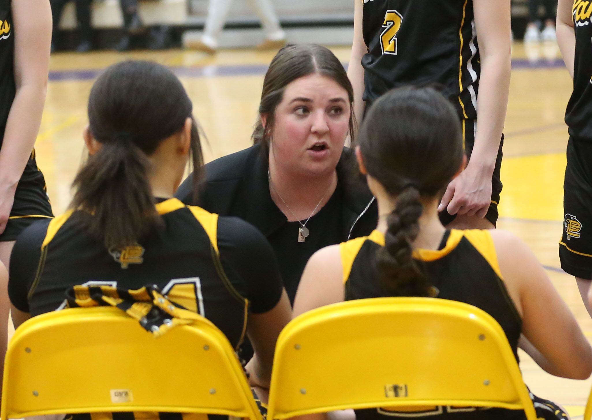 Putnam County head girls basketball coach Rebecca Pyszka, talks to her team during a time out on Tuesday, Feb. 10, 2026 at Mendota High School.