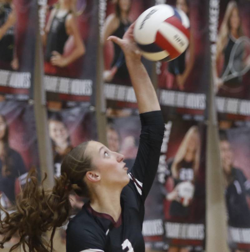 Prairie Ridge's Abby Smith serves the ball during a Fox Valley Conference volleyball match against Huntley on Tuesday, Oct. 14, 2025, at the Prairie Ridge High School in Crystal Lake.