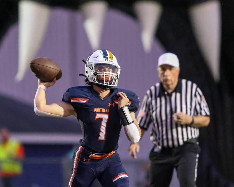 Oswego's Brett Connolly (7) throws a pass during a football game between Neuqua Valley and Oswego on Friday, Aug. 30, 2024 in Oswego. Gary E Duncan Sr for Shaw Local News Network.