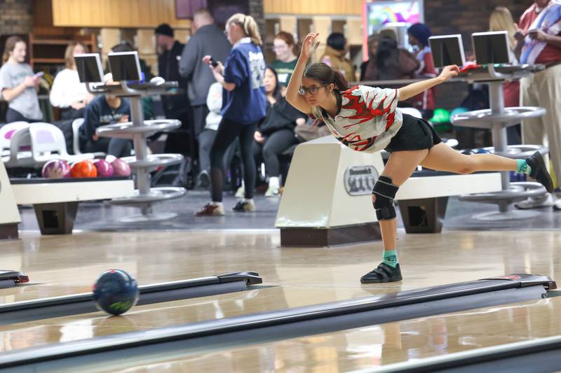 Bradley-Bourbonnais' Bella Smith finishes her throw during the Boilermakers' victory over Kankakee, Peotone and Bishop McNamara in the All-Area matchup on Wednesday, Feb. 4, 2026.