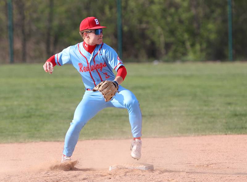 Benet's Cole Rosenthal (3) starts a double play during the varsity baseball game between Benet Academy and Nazareth Academy in La Grange Park on Monday, April 24, 2023.