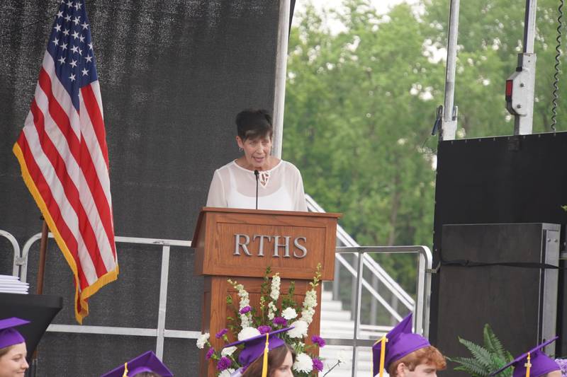Laurie Pillen of the Rochelle Township High School Board and Alumni Association speaks at the school's graduation ceremony on Saturday, May 23, 2026.