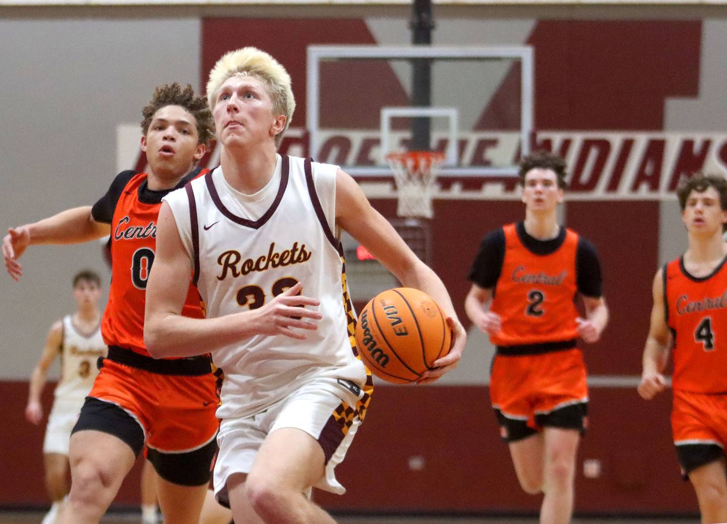 Richmond-Burton’s Luke Robinson leads a fast break against Crystal Lake Central in varsity boys basketball E.C. Nichols tournament championship game action on Saturday, Dec. 27, 2025, at Homer “Bill” Barry Gymnasium on the campus of Marengo High School in Marengo.