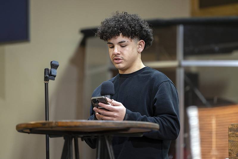 Noah Lewis reads a poem “I Have A Dream” Sunday, Jan. 19, 2025, at the Church of the Nazarene in Sterling.