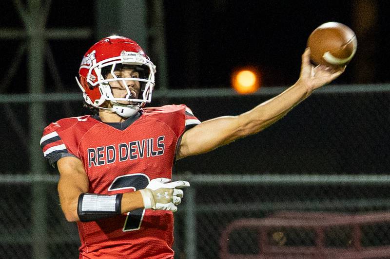 Dylan Glynn (7) of Hall throws pass on Friday, Sept 5, 2025 at Richard Nesti Stadium in Spring Valley.