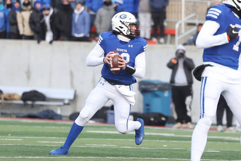 Geneva’s Anthony Chahino looks to pass against East St. Louis in the Class 6A state championship on Saturday, Nov. 30, 2024 in Normal.