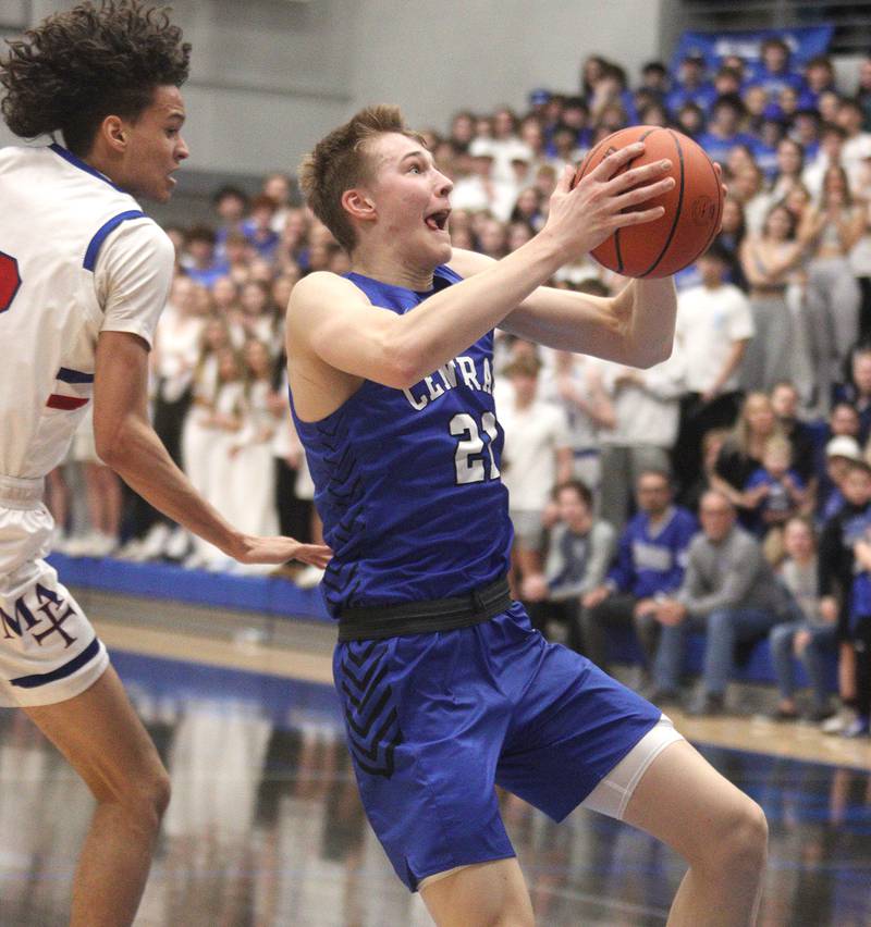 Burlington Central’s Drew Scharnowski drives with the ball against Marmion Academy in IHSA Class 3A Sectional title game action at Burlington Central High School Friday night.