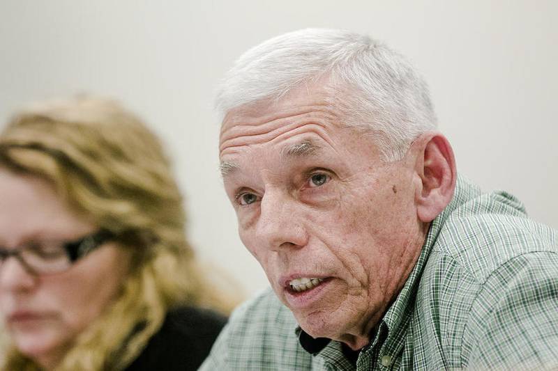 Hebron Village President John Jacobson listens to residents concerns during a Village Board meeting in Hebron April 18, 2016. The board had its first meeting since Jacobson was arrested on drug and firearms charges after police found cocaine, drug paraphernalia and a shotgun and ammunition at his home after a March 17 incident.