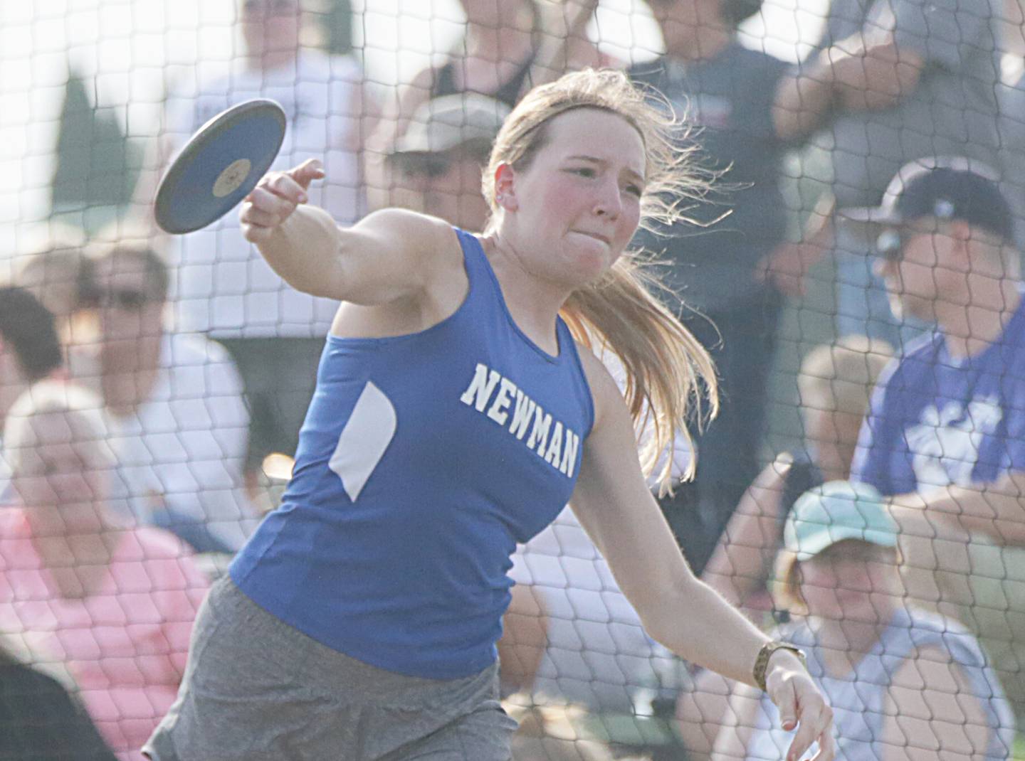 Newman's Lexi Allen throws the discus in the Class 1A Bureau Valley Sectional held Wednesday, May 11, 2022, in Manlius.