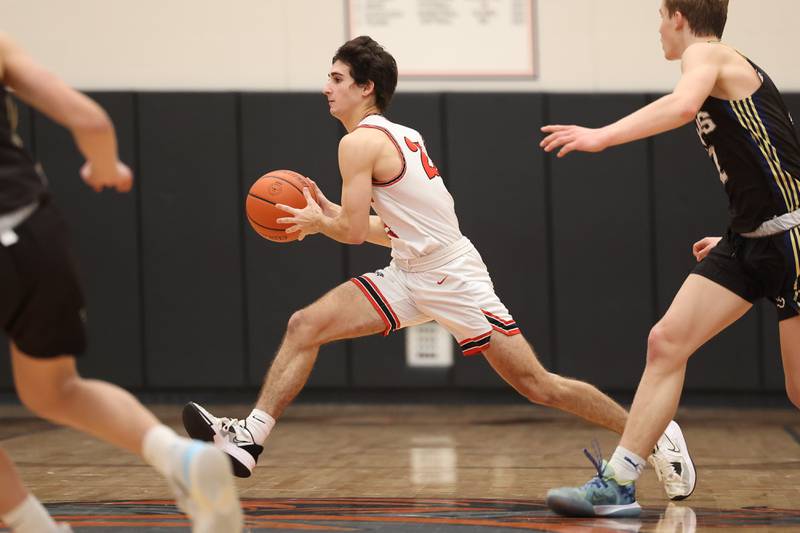 Lincoln-Way Central’s Filippo Baratta passes the ball against Lemont in the Lincoln-Way West Warrior Showdown on Saturday January 28th, 2023.