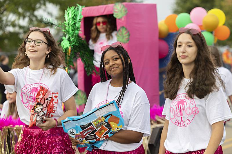 Dance team members from Rock Falls don Barbie themed gear as they parade Thursday, Sept. 21, 2023 through the city.