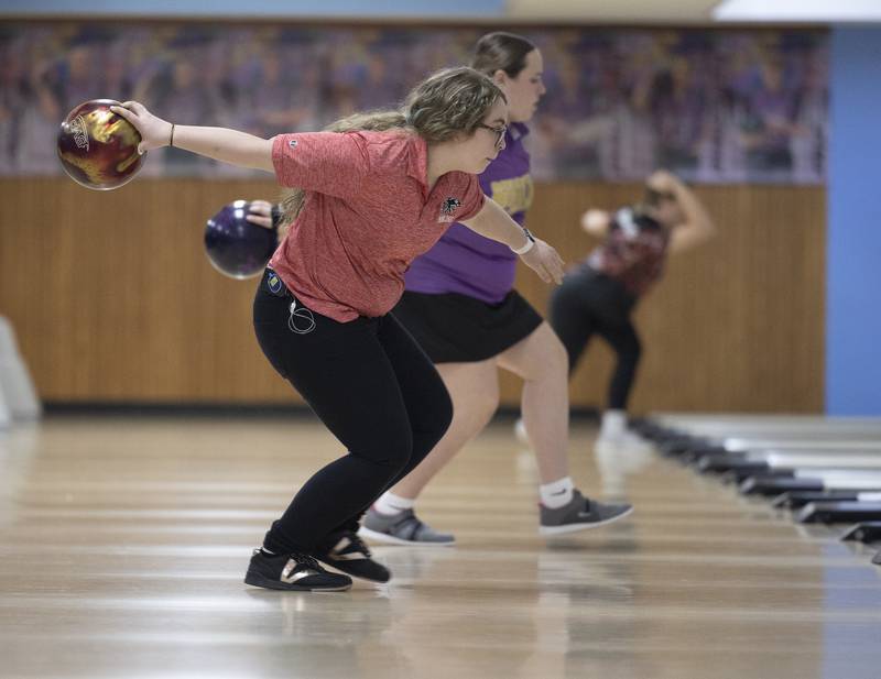Erie-Prophetstown’s Ysabelle Hamm eyes the pins Friday, Feb. 7, 2025, in the girls bowling regionals at Plum Hollow in Dixon.