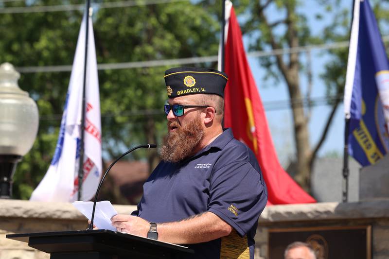 David McCleery, Sr. Vice Commander of the Bradley American Legion, reads the names of approximately 130 fallen service members from the Kankakee County area over the past year during the Legion's Memorial Day ceremony on Monday, May 25, 2026.