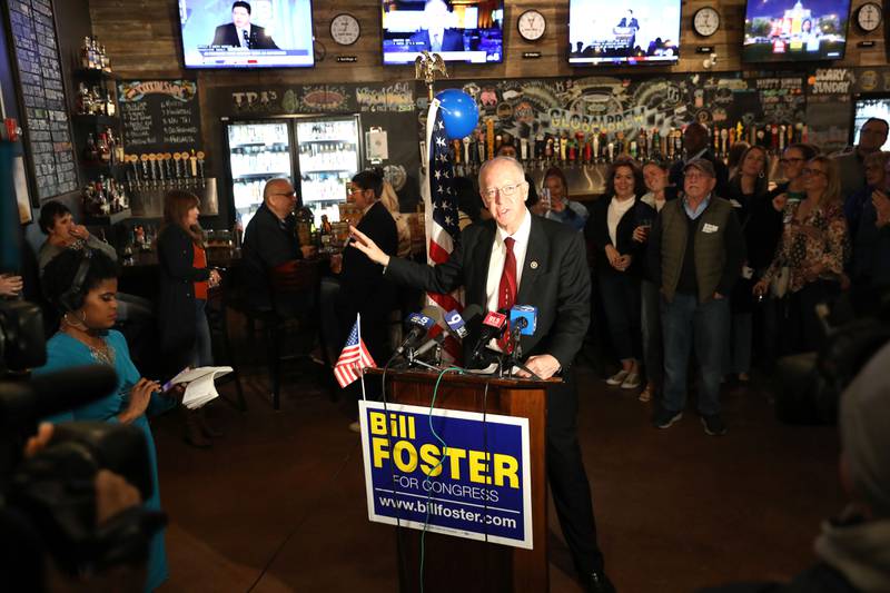 U.S. Congressman Bill Foster, running for re-election against challenger Catalina Lauf, addresses his supporters at Global Brew Taphouse in St. Charles on Tuesday, Nov. 8. 2022.