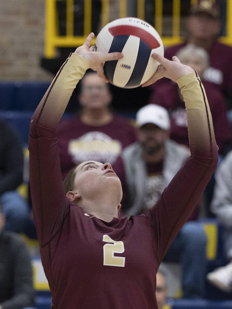 Morris’ Alexis Williams sets the ball against Sterling Thursday, Oct. 30, 2025, in the Class 3A volleyball regional.