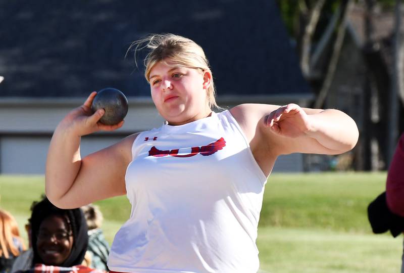 Oregon's Noelle Girton finished second in the shot put at the 1A Winnebago Sectional on Wednesday, May 13, 2026. She will compete next week at the state meet.