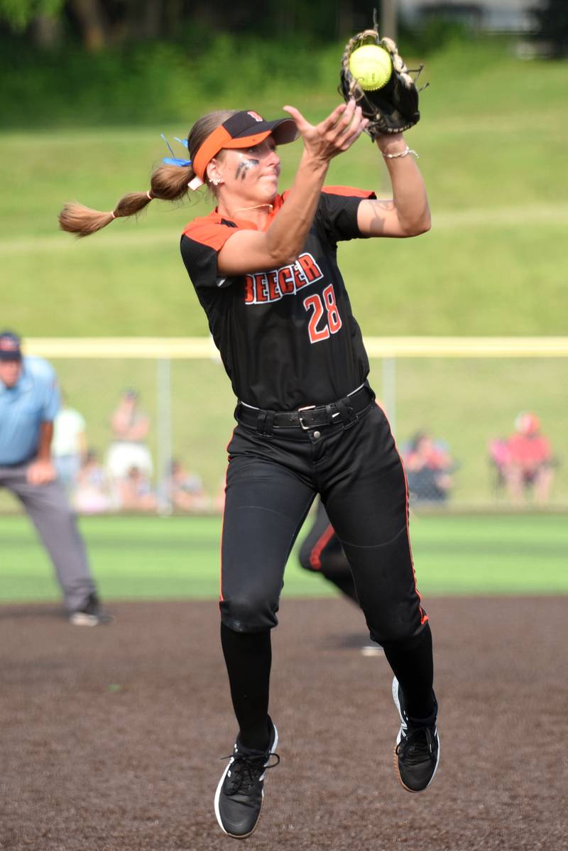 Beecher's Ava Olson makes a leaping catch during the Class 2A East Peoria Super-Sectional against Brimfield Monday, June 2, 2025.