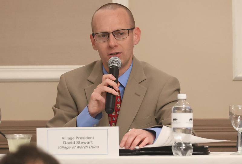 Utica mayor Dave Stewart speaks during the Illinois Valley Chamber of Commerce State of the Cities Luncheon on Thursday, April 23, 2026 at Grand Bear Lodge at Starved Rock in Utica.
