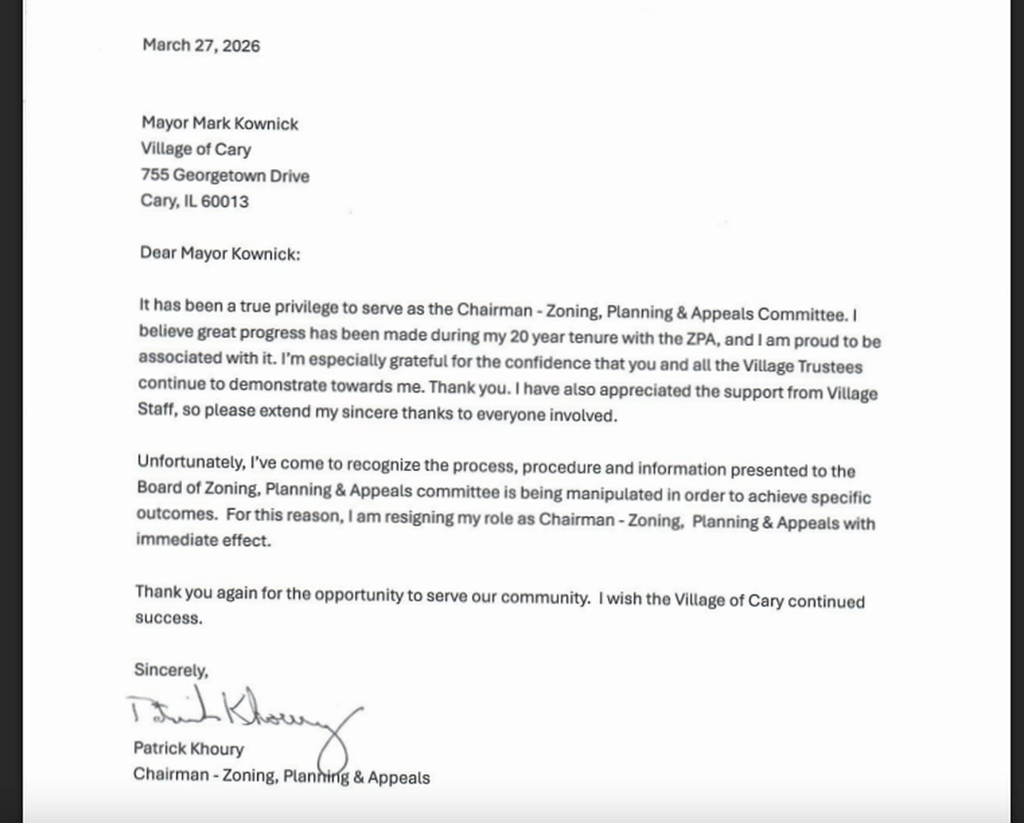 Cary Zoning, Planning and Appeals Chairman Patrick Khoury sends his letter of resignation to Mayor Mark Kownick on March 27, 2026.