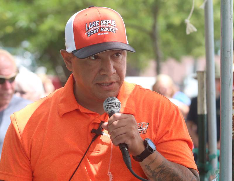 DePue Mens Club president Steve Solorio speaks before the boat races on Friday, July 28, 2023 at Lake DePue.