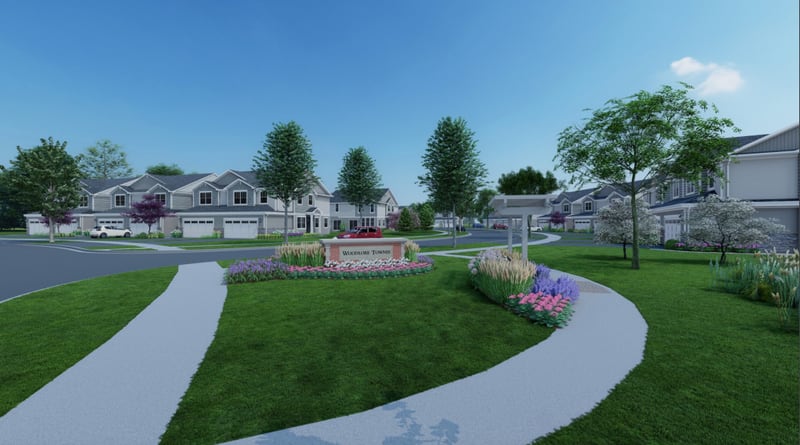 A rendering of the entrance of the new Woodlore Townes townhome neighborhood in Crystal Lake.