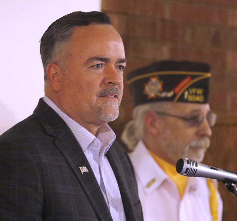Woodstock Mayor Michael Turner speaks during a Veterans Day ceremony Friday Nov. 11, 2022, at the Woodstock Veterans of Foreign Wars Post 5040, 240 N. Throop St. The ceremony featured speeches by Turner and Post Cmdr. Fred Strauss, taps, a 21-gun salute and a luncheon.