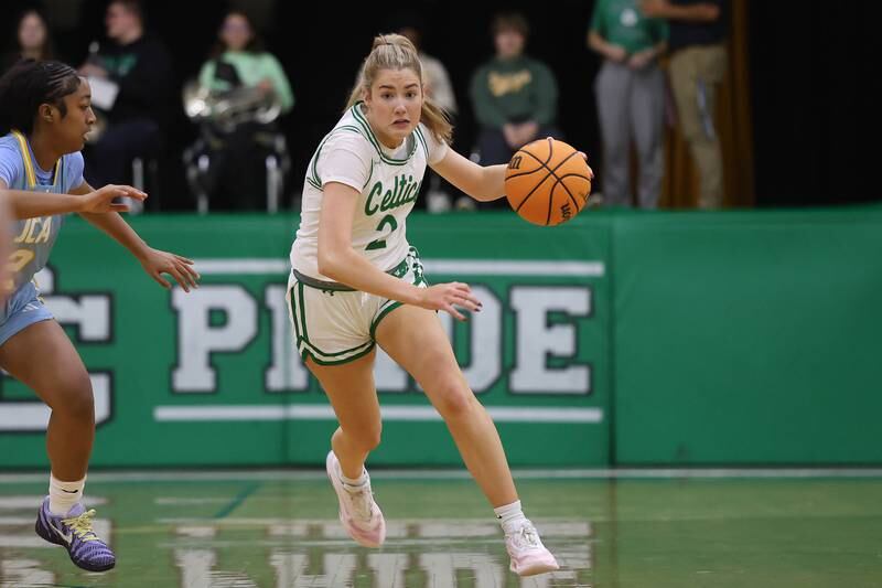 Providence’s Eilish Raines takes the ball upcourt against Joliet Catholic on Saturday, Dec. 5, 2025 in New Lenox.
