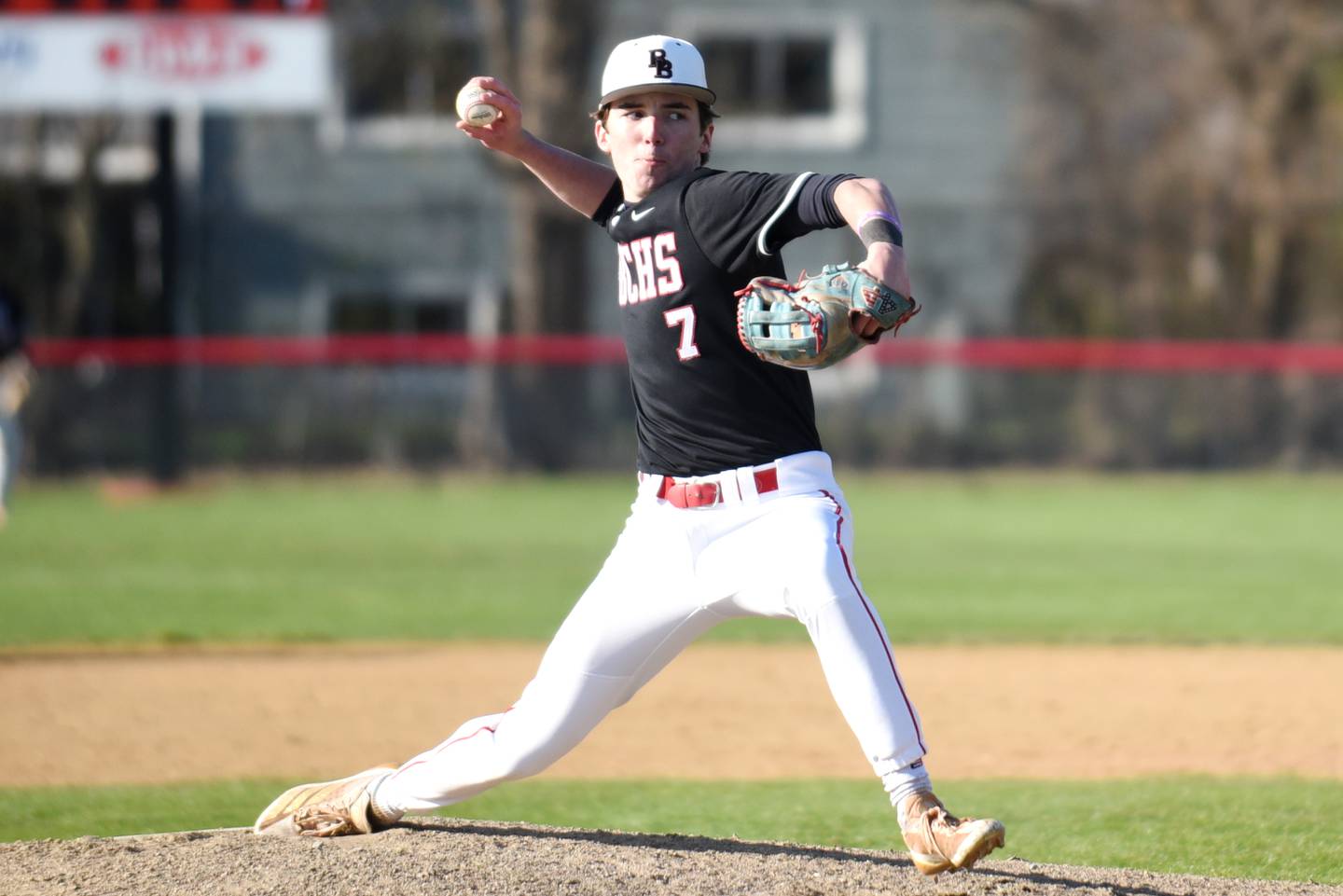 Bradley-Bourbonnais' Mason Shaul throws a pitch during a home game against Homewood-Flossmoor Friday, April 11, 2025.